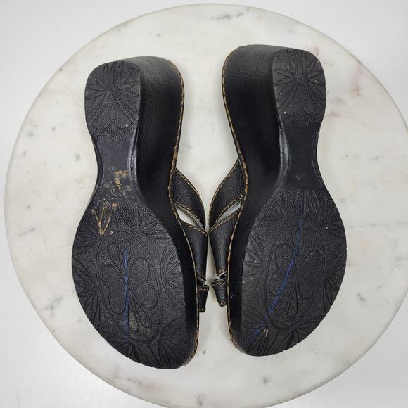 Merona Leather Wedge Sandals Womens 8 Black Stitching Slip on Mules Slides Y2k - Picture 14 of 15